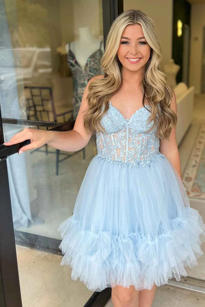 Off-the-Shoulder Strapless Applique Tulle Ruffle Homecoming Dresses