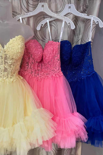Off-the-Shoulder Strapless Applique Tulle Ruffle Homecoming Dresses
