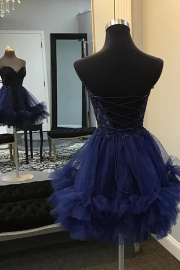 Off-the-Shoulder Strapless Applique Tulle Ruffle Homecoming Dresses