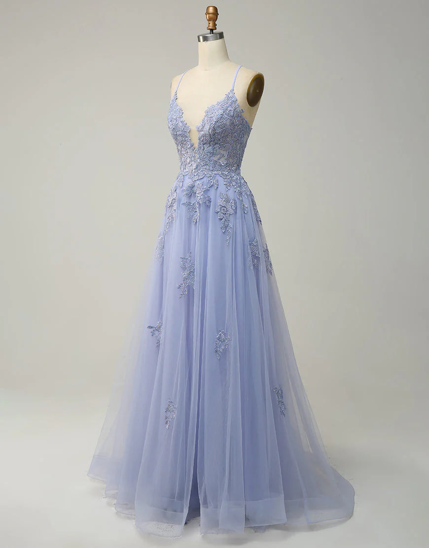 A-Line Tulle Appliques Long Prom Dress With Slit