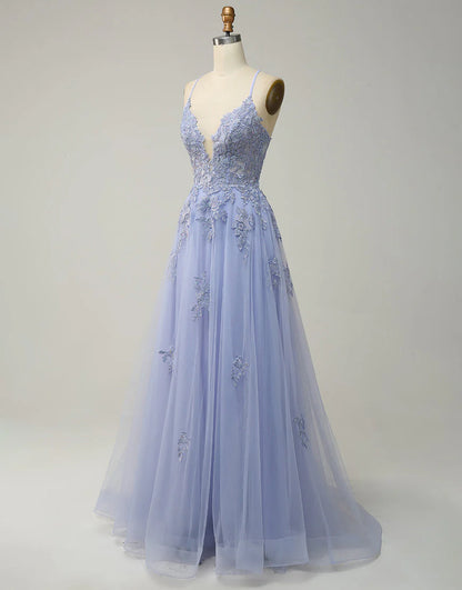 A-Line Tulle Appliques Long Prom Dress With Slit