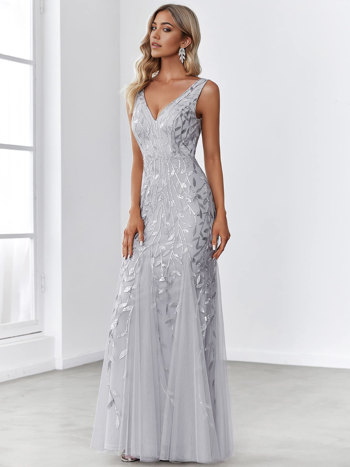 Wedding Guests Dresses Women's Sequin Double V-Neck Sleeveless Mermaid Long Evening Dress Prom Dresses Formal Wear Dresses