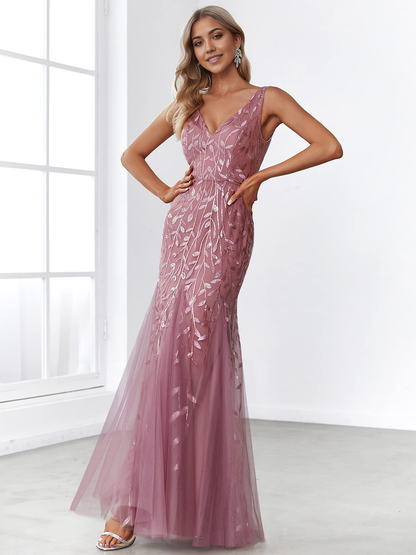 Wedding Guests Dresses Women's Sequin Double V-Neck Sleeveless Mermaid Long Evening Dress Prom Dresses Formal Wear Dresses