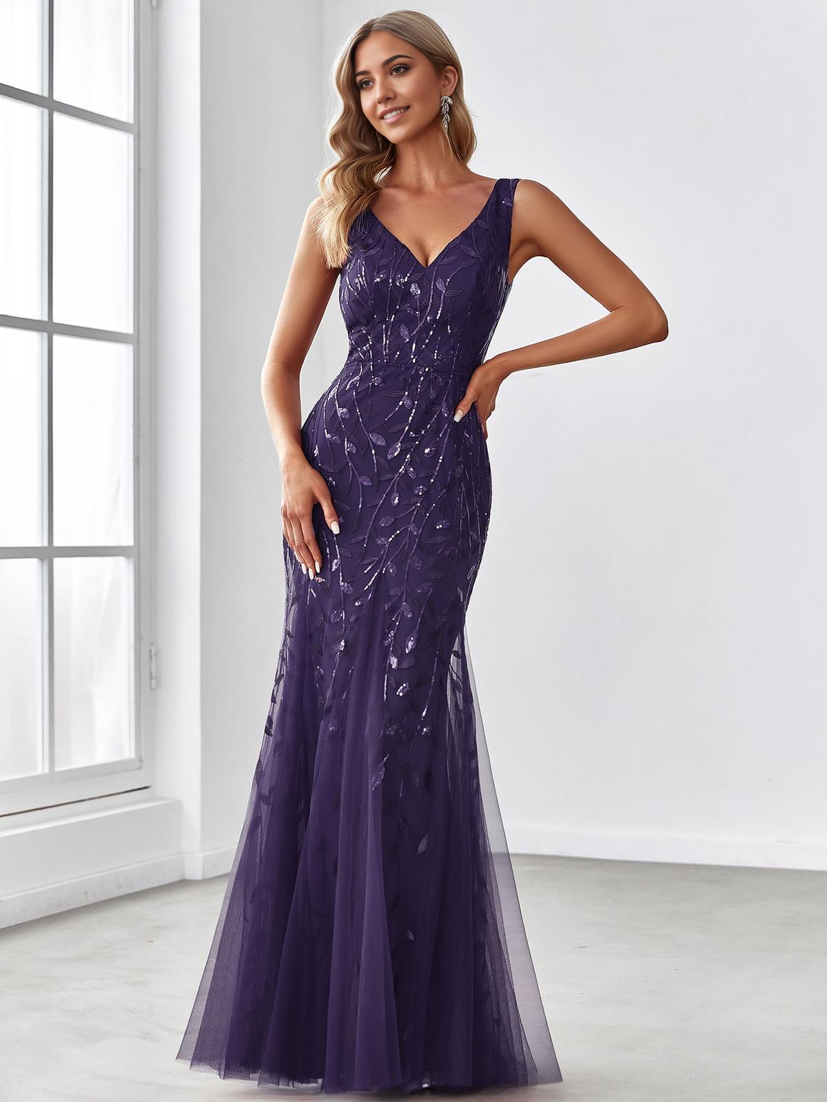 Wedding Guests Dresses Women's Sequin Double V-Neck Sleeveless Mermaid Long Evening Dress Prom Dresses Formal Wear Dresses