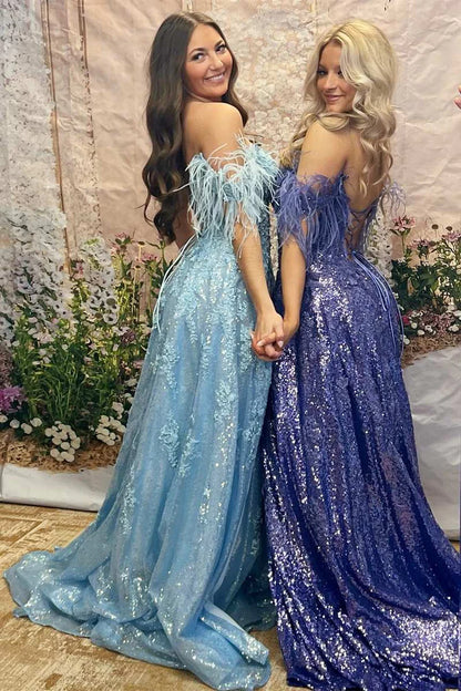 Sequin Feather Off-the-Shoulder Lace-Up A-Line Prom Dress
