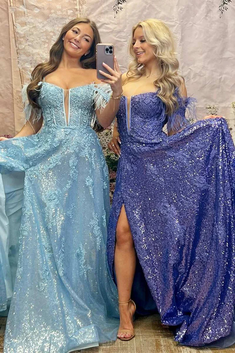 Sequin Feather Off-the-Shoulder Lace-Up A-Line Prom Dress