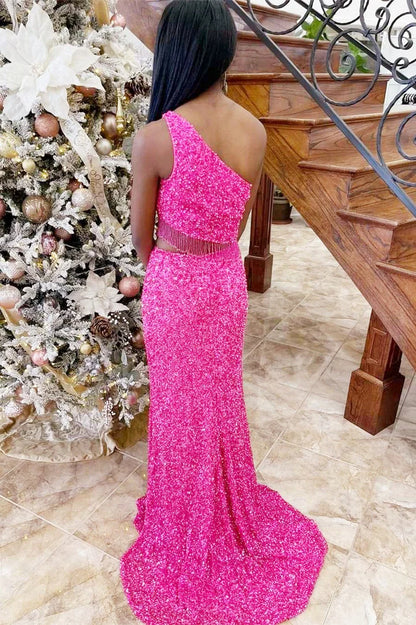 Sequin One-Shoulder Cutout Tassel Long Prom Dress