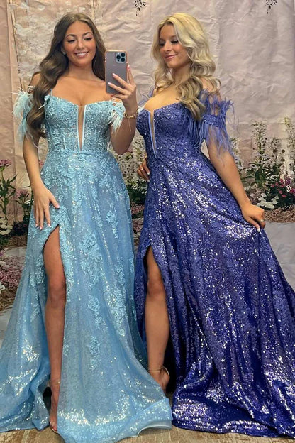 Sequin Feather Off-the-Shoulder Lace-Up A-Line Prom Dress