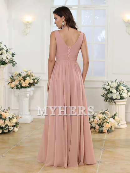 A-line V Neck Ruffles Side Fork Long Chiffon Elegant Bridesmaid Dresses Wedding Guests Dresses