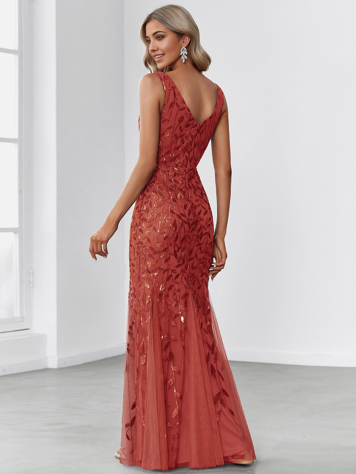 Wedding Guests Dresses Women's Sequin Double V-Neck Sleeveless Mermaid Long Evening Dress Prom Dresses Formal Wear Dresses