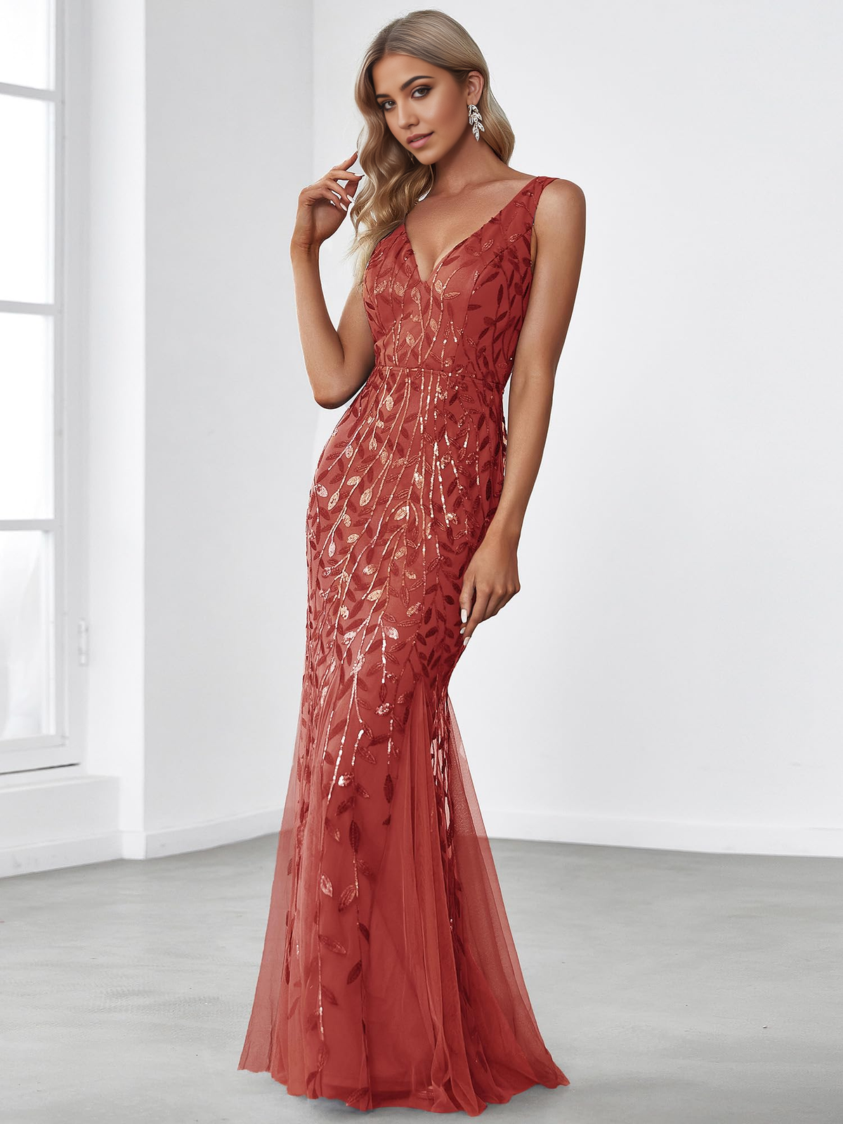 Wedding Guests Dresses Women's Sequin Double V-Neck Sleeveless Mermaid Long Evening Dress Prom Dresses Formal Wear Dresses