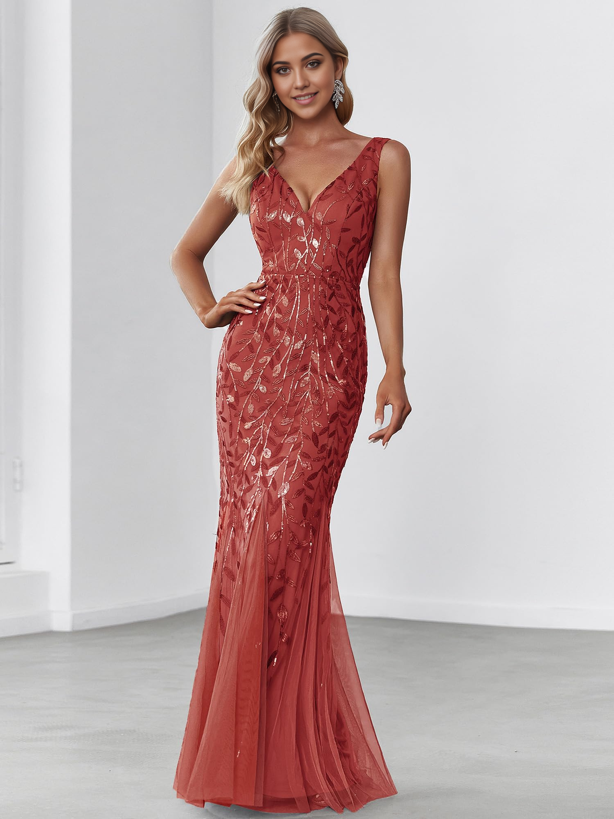 Wedding Guests Dresses Women's Sequin Double V-Neck Sleeveless Mermaid Long Evening Dress Prom Dresses Formal Wear Dresses