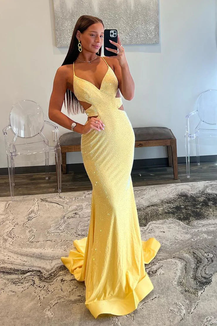 Sparkly Mermaid V Neck Spaghetti Strap Yellow Satin Long Prom Dresses with Beading