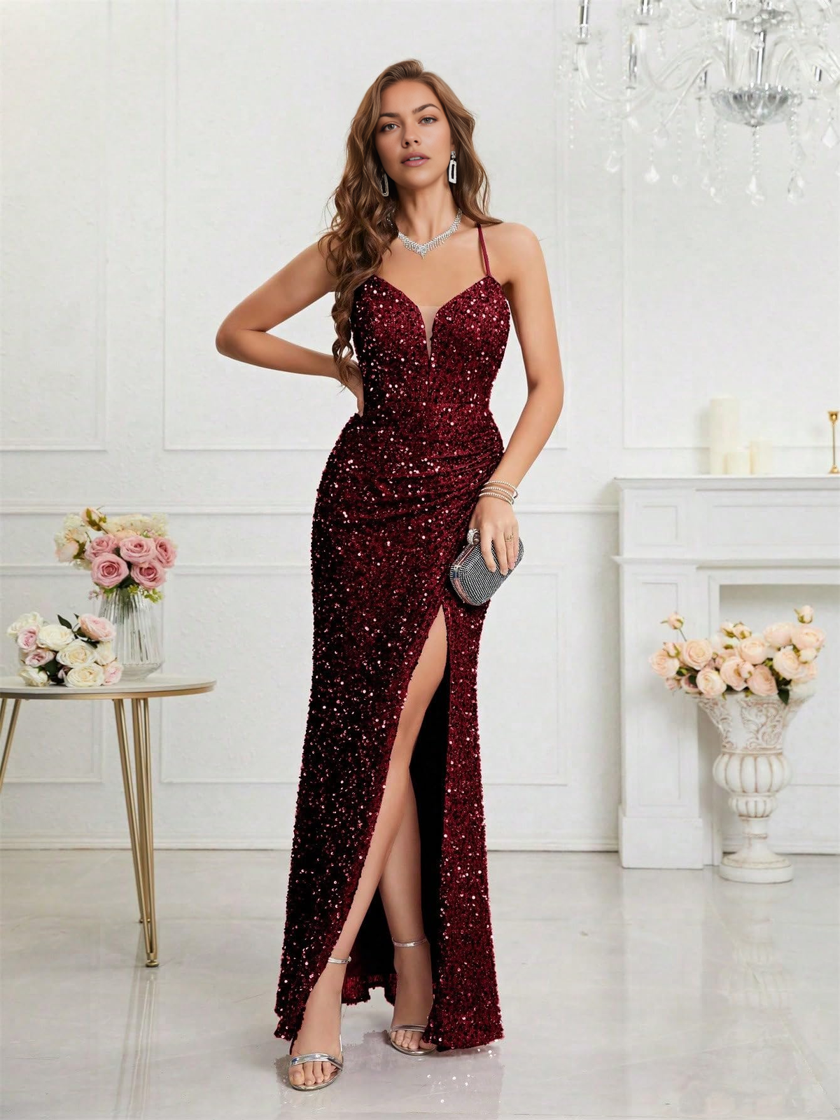 Wedding Guests Dresses Sequin Dress for Women Prom Dress Sexy V-Neck Bodycon Sequin Gowns and Evening Dresses Prom Dresses Formal Wear Dresses