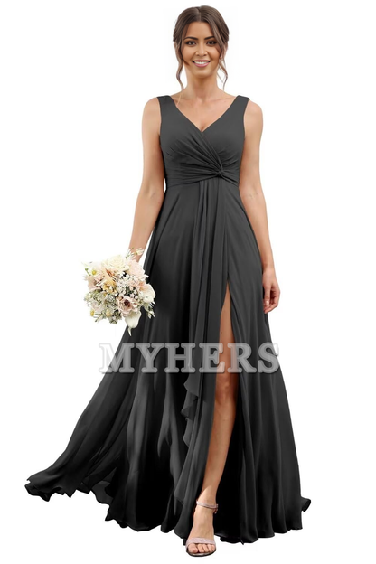 A-line V Neck Ruffles Side Fork Long Chiffon Elegant Bridesmaid Dresses Wedding Guests Dresses