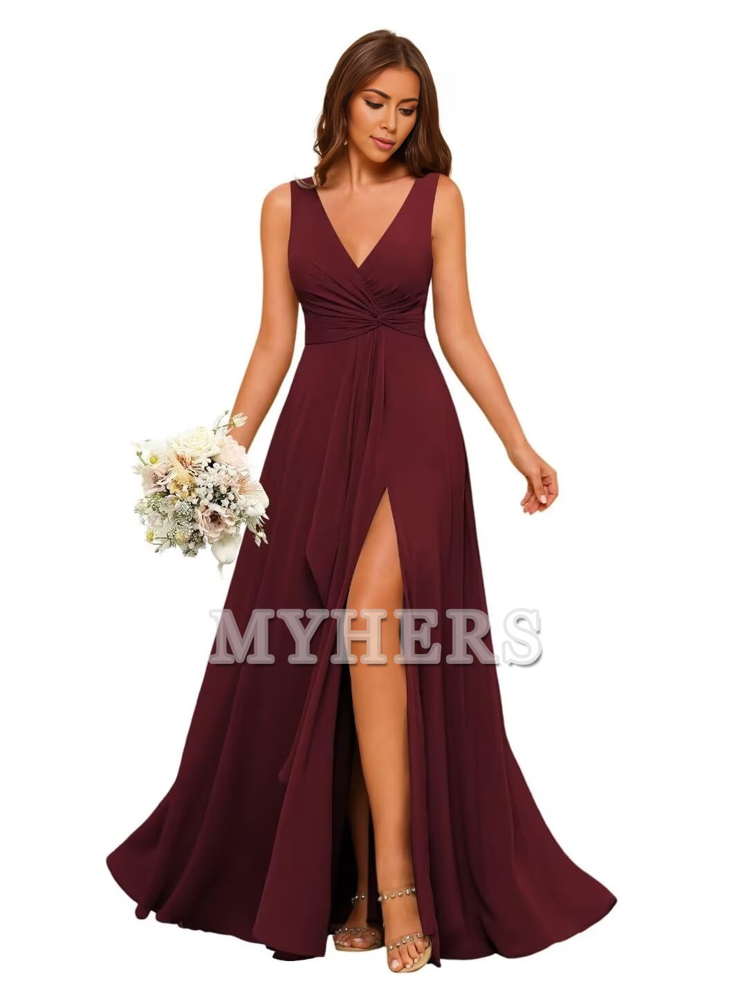 A-line V Neck Ruffles Side Fork Long Chiffon Elegant Bridesmaid Dresses Wedding Guests Dresses