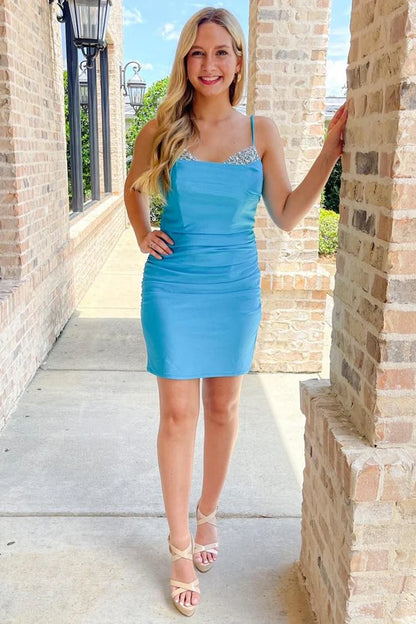 Spaghetti Strap Bodycon Cocktail Dress with Rhinestones