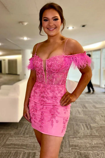 Appliques Cold-Shoulder Short Dress with Feathers