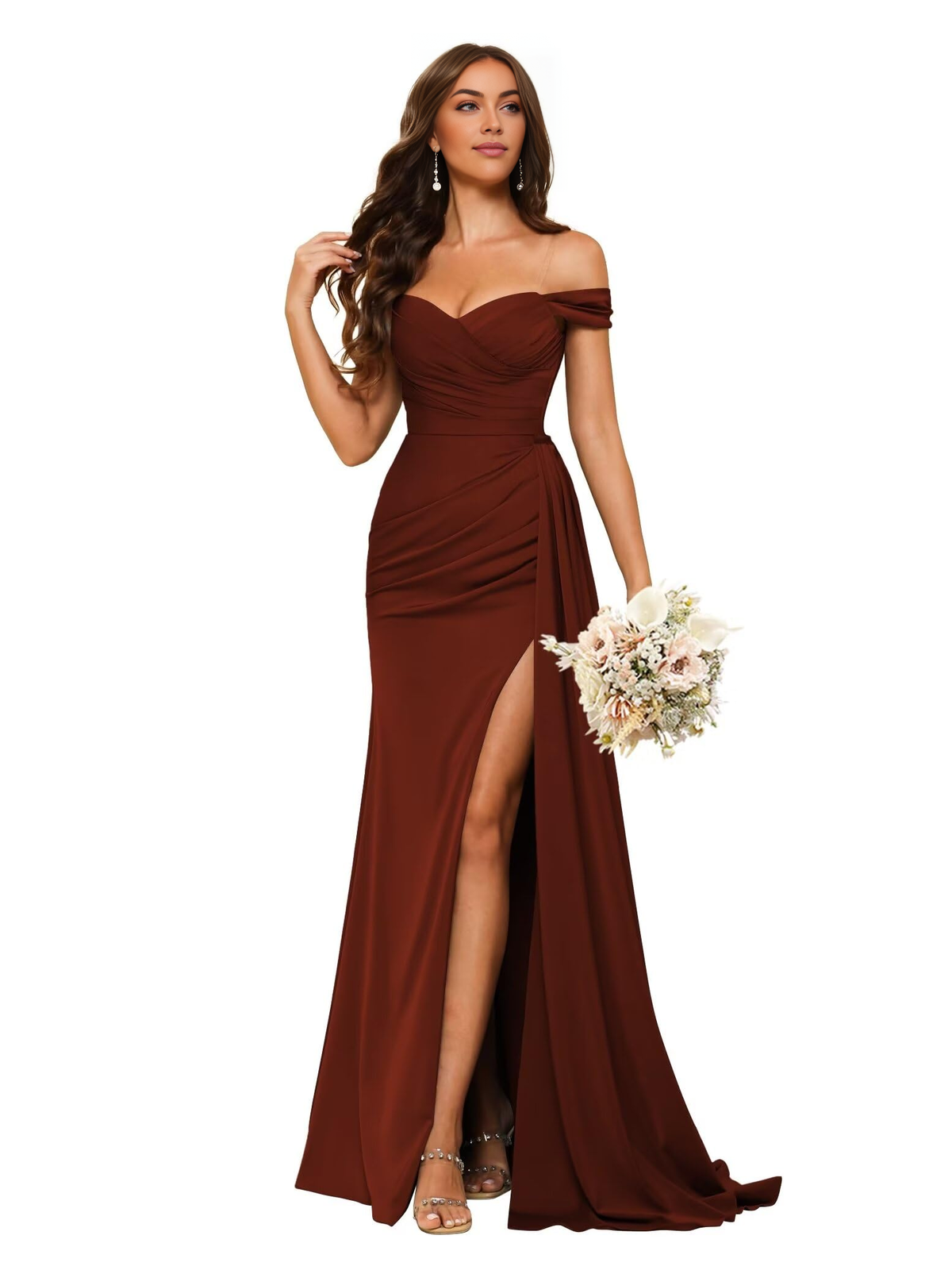 Wedding Guests Dresses Women's Off Shoulder Ruched Bridesmaid Dresses Long with Slit Satin Prom Dresses Formal Wear Dresses