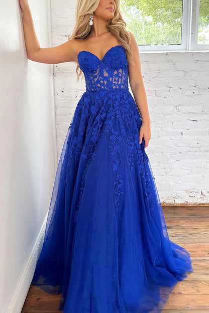 New arrival A-Line Off-the-Shoulder Sweetheart Royal Blue Tulle Long Prom Dresses with Appliques