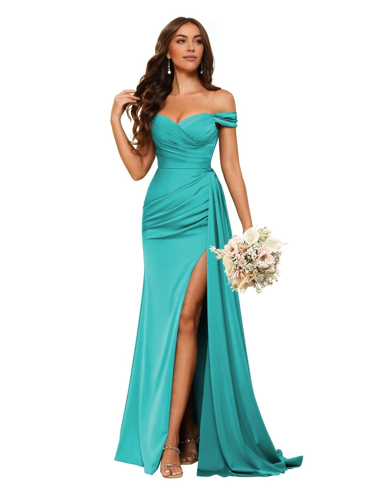 Wedding Guests Dresses Women's Off Shoulder Ruched Bridesmaid Dresses Long with Slit Satin Prom Dresses Formal Wear Dresses
