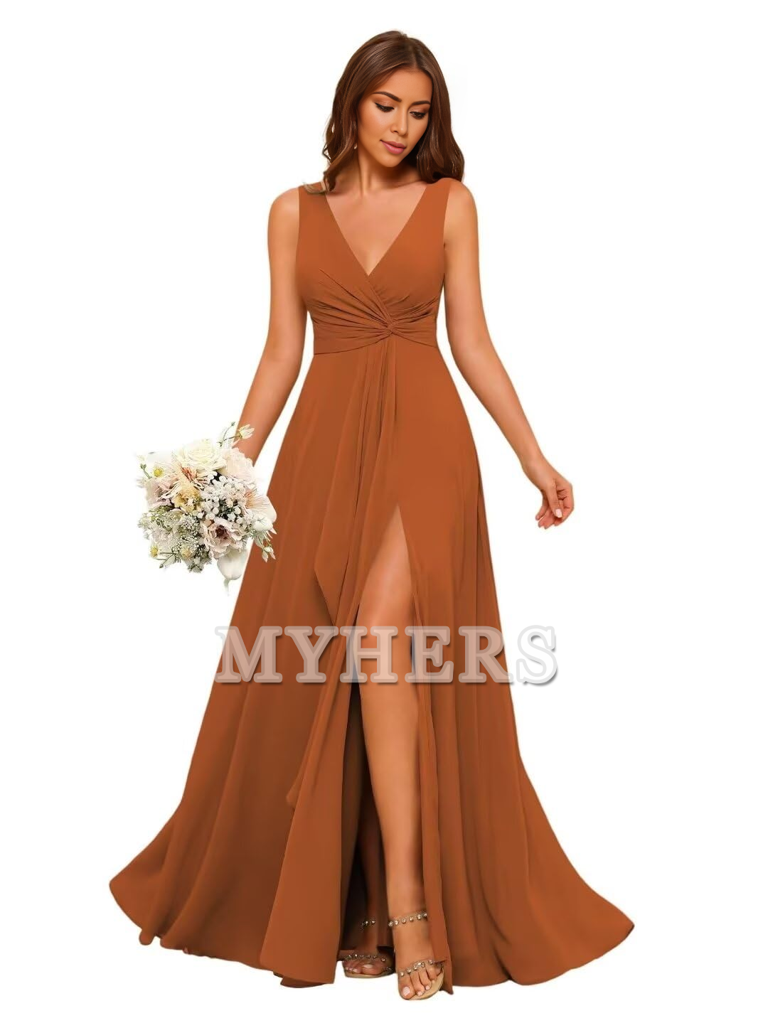 A-line V Neck Ruffles Side Fork Long Chiffon Elegant Bridesmaid Dresses Wedding Guests Dresses