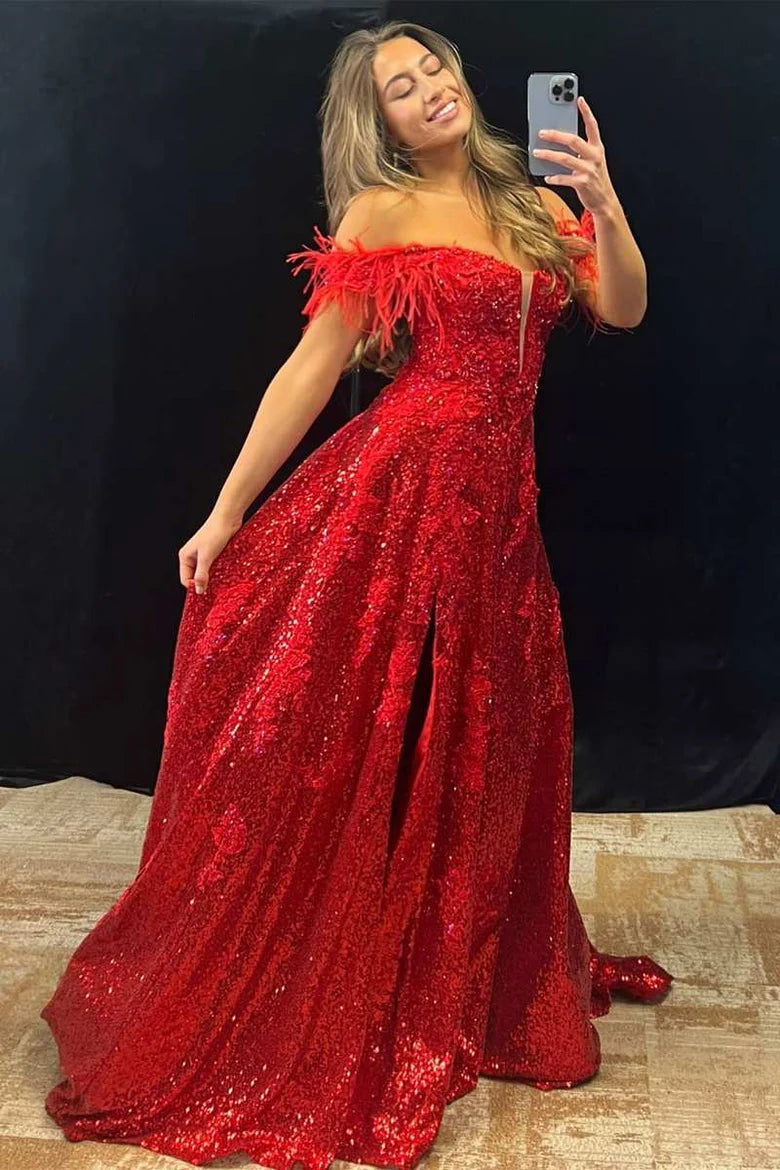 Sequin Feather Off-the-Shoulder Lace-Up A-Line Prom Dress