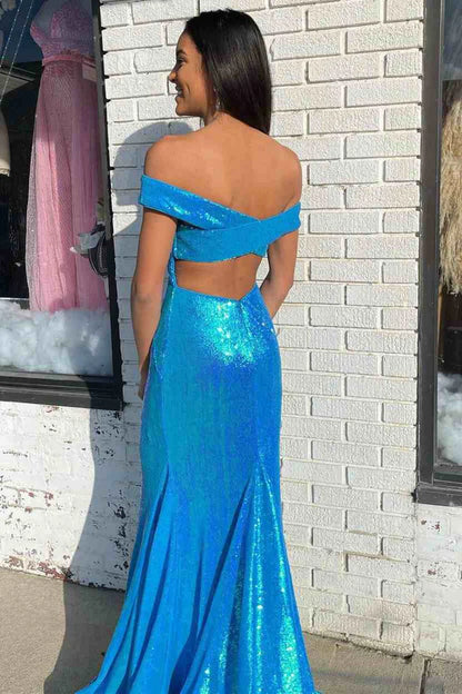 Sequin Off-the-Shoulder Backless Mermaid Long Prom Dress