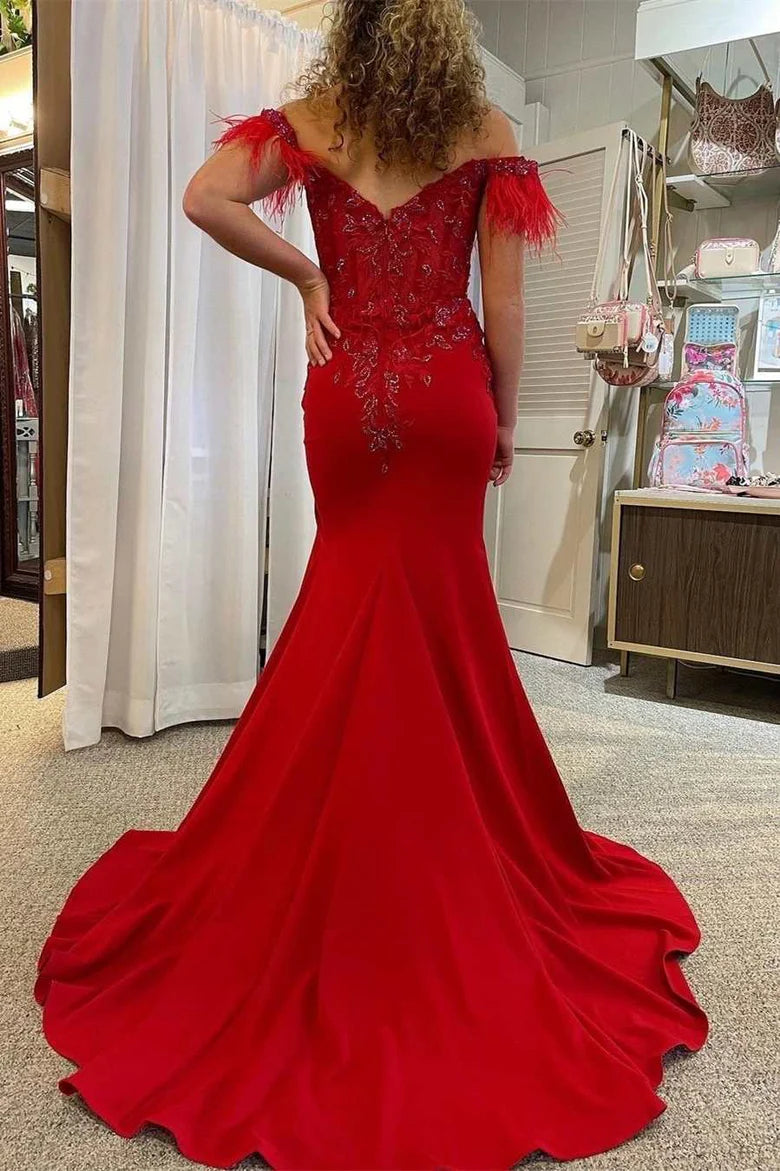Lace Feather Off-the-Shoulder Mermaid Long Prom Dress