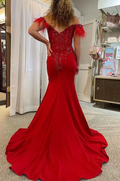 Lace Feather Off-the-Shoulder Mermaid Long Prom Dress