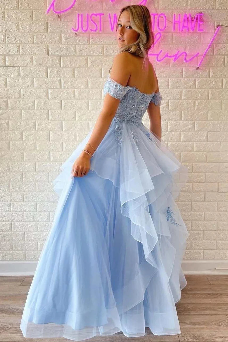Lace Off-the-Shoulder A-Line Tiered Prom Dress