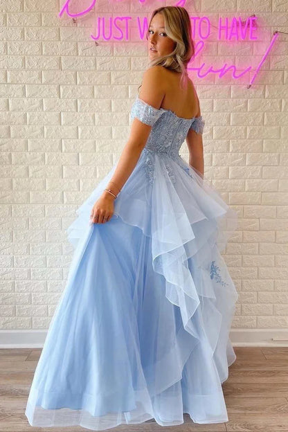Lace Off-the-Shoulder A-Line Tiered Prom Dress