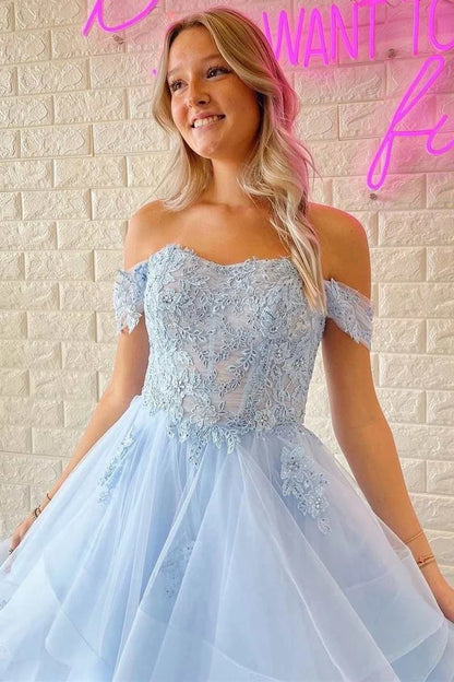 Lace Off-the-Shoulder A-Line Tiered Prom Dress