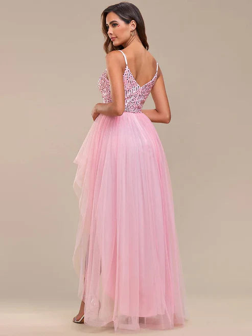 Spaghetti Strap Sequin Top A-Line High Low Tulle Asymmetric Evening Dress/Prom Dresses Party Dresses Wedding Guest Dresses
