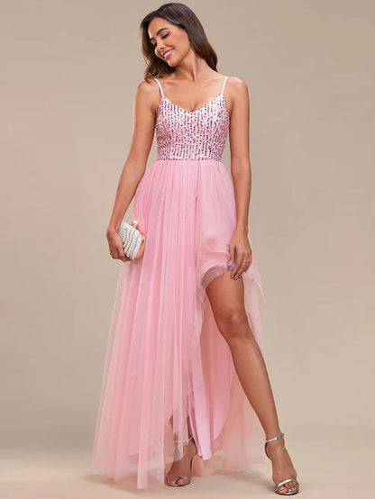 Spaghetti Strap Sequin Top A-Line High Low Tulle Asymmetric Evening Dress/Prom Dresses Party Dresses Wedding Guest Dresses
