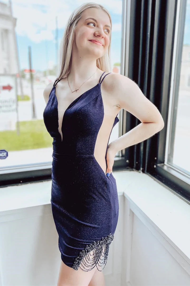 Plunge V Sheer Mesh Short Cocktail Dress with Tassels