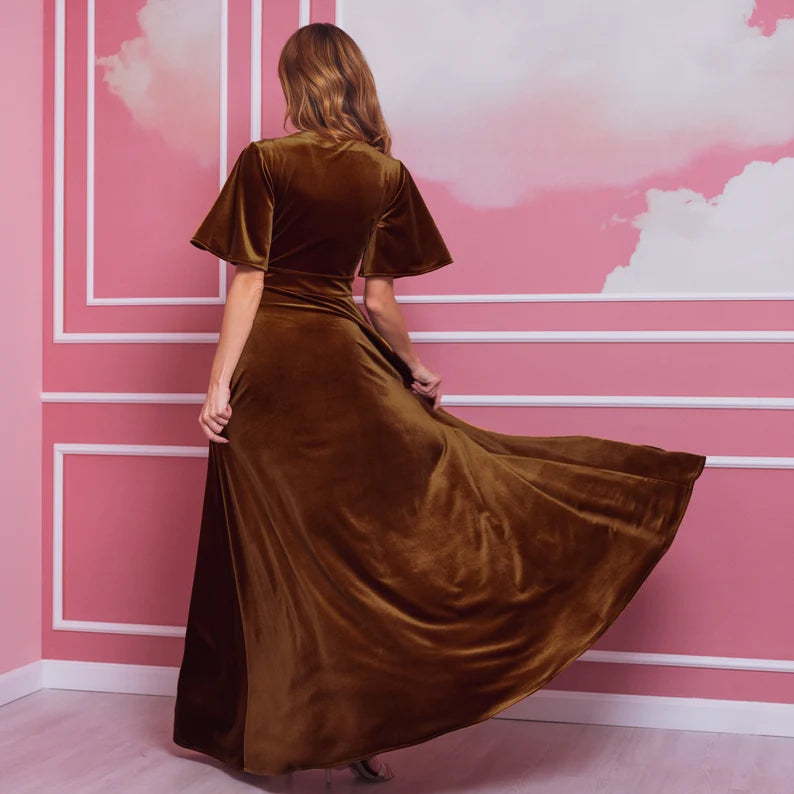 Long Wrap Around Velvet Dress Deep V Neck Flutter Sleeves Wedding Guest Dress Maxi Dress Evening Dress