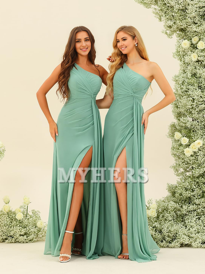 A Line One Shoulder Pleated Side Fork Long Chiffon High Quality Bridesmaid Dresses Wedding Guests Dresses
