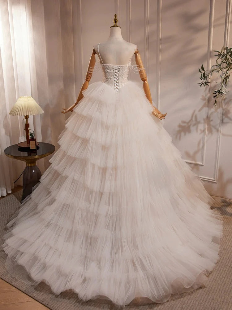 Sweetheart Wedding Dress A-Line Neck Tulle Lace Long with Beads Fantastic Dress