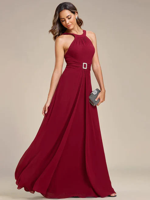 Halter Neck Pleated Chiffon Waist Buckle Decoration Maxi Evening Dress/Prom Dresses Party Dresses Wedding Guest Dresses