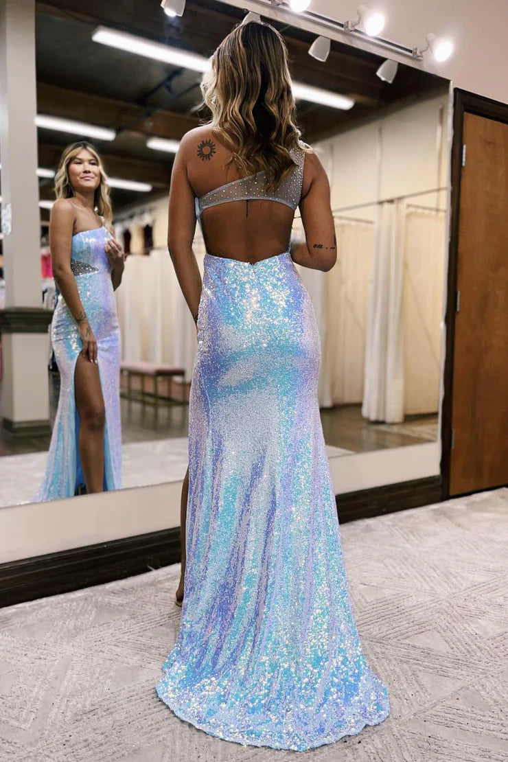 Charming Sparkly Mermaid One Shoulder Blue Sequins Long Prom Dresses with Beading