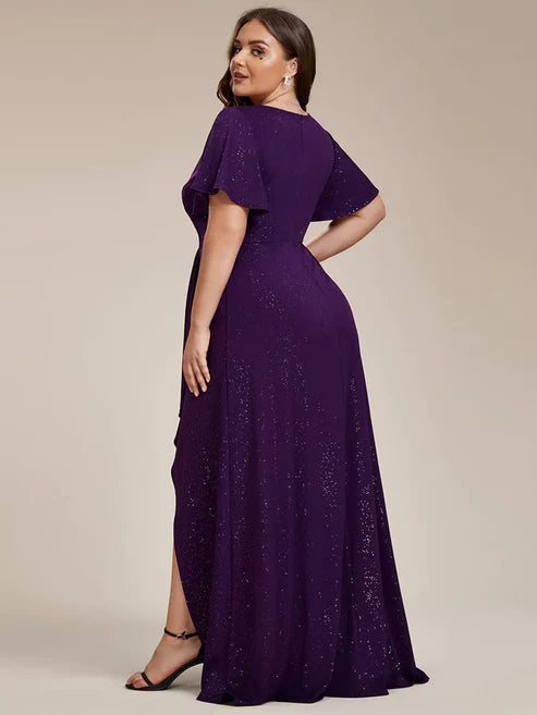 Plus Size Glitter Ruffled High-Low Front Slit Evening Dress/Prom Dresses Party Dresses Wedding Guest Dresses