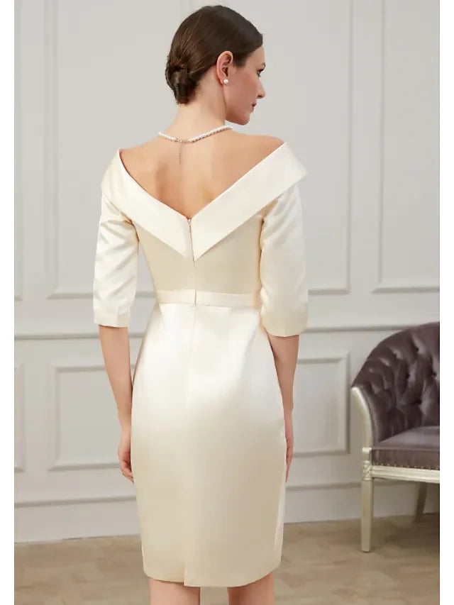 Mother of the Bride Dress Plus Size Off Shoulder Knee Length Polyester Half Sleeve with Ruffles Ruching  5 reviews