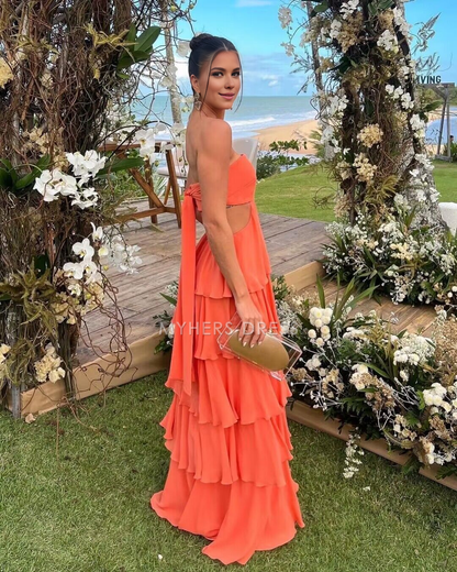 My Hers Prom Dress Strapless Sleeveless Chiffon Hollow Out Ruched Layering Elegant High Quality Ladies Formal Dress
