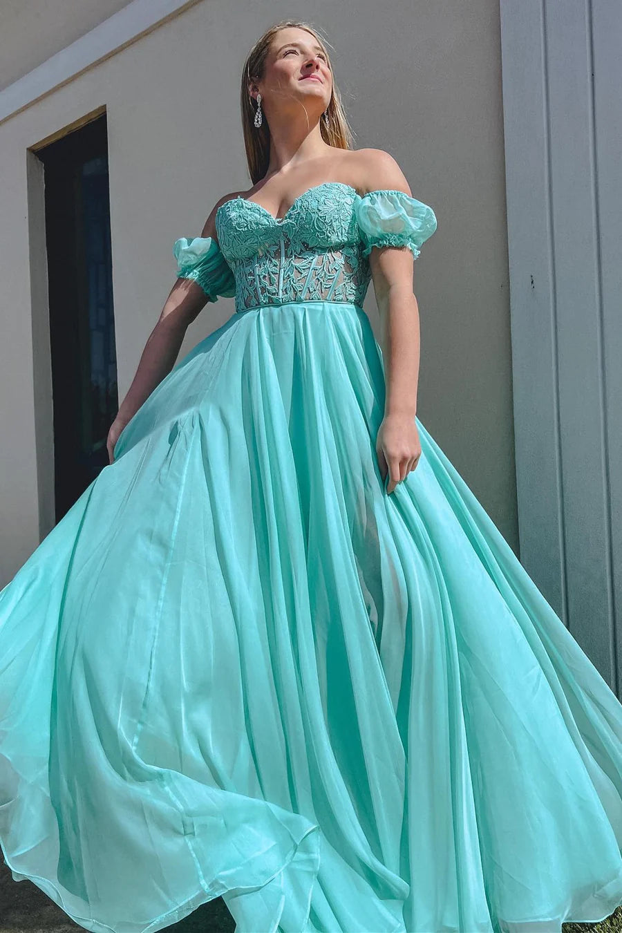Chiffon Applique Sweetheart A-Line Prom Dress with Puff Sleeves