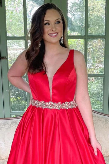 Plunging Neck Belted A-Line Long Prom Dress