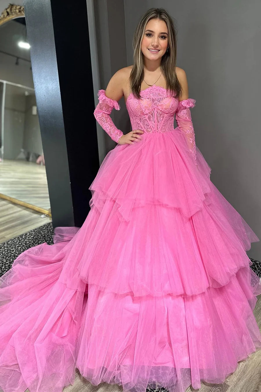 Lace Strapless Multi-Tiered Long Prom Dress
