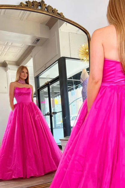 Strapless A-Line Long Prom Dress with Beaded Neck