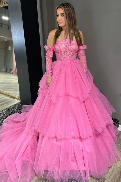 Lace Strapless Multi-Tiered Long Prom Dress