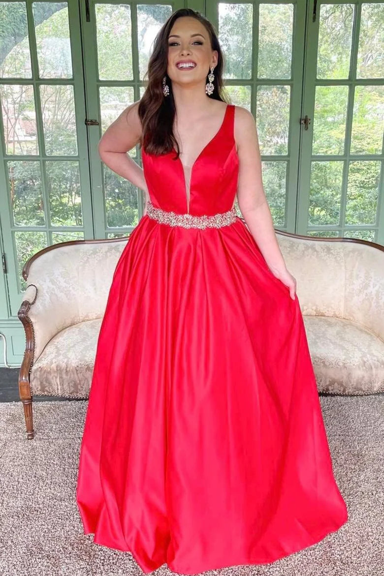 Plunging Neck Belted A-Line Long Prom Dress